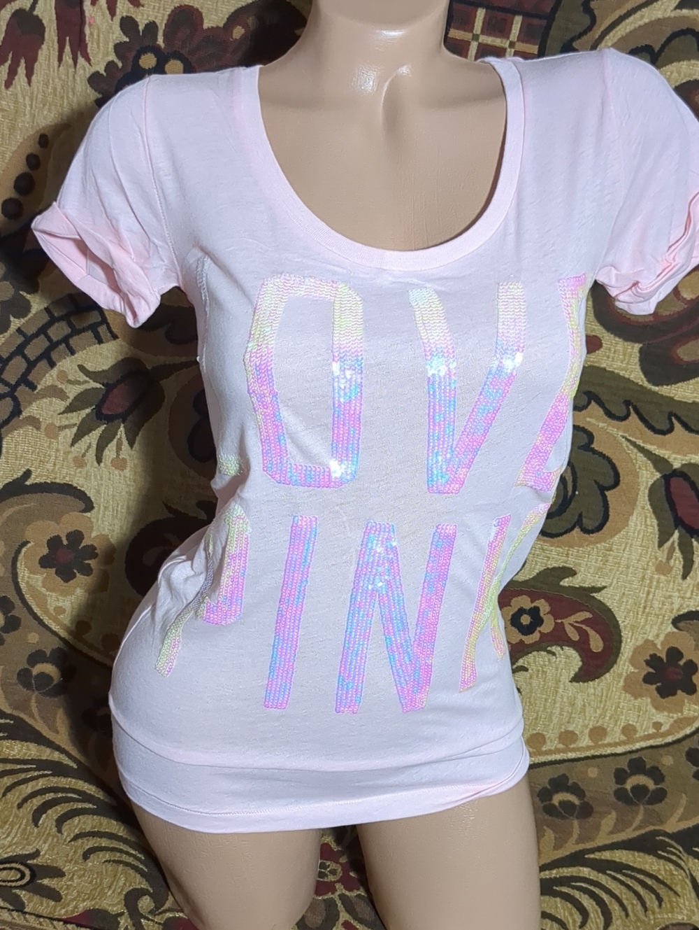 PINK Victoria's Secret Light Pink Sequin 'LOVE PINK' Tee
